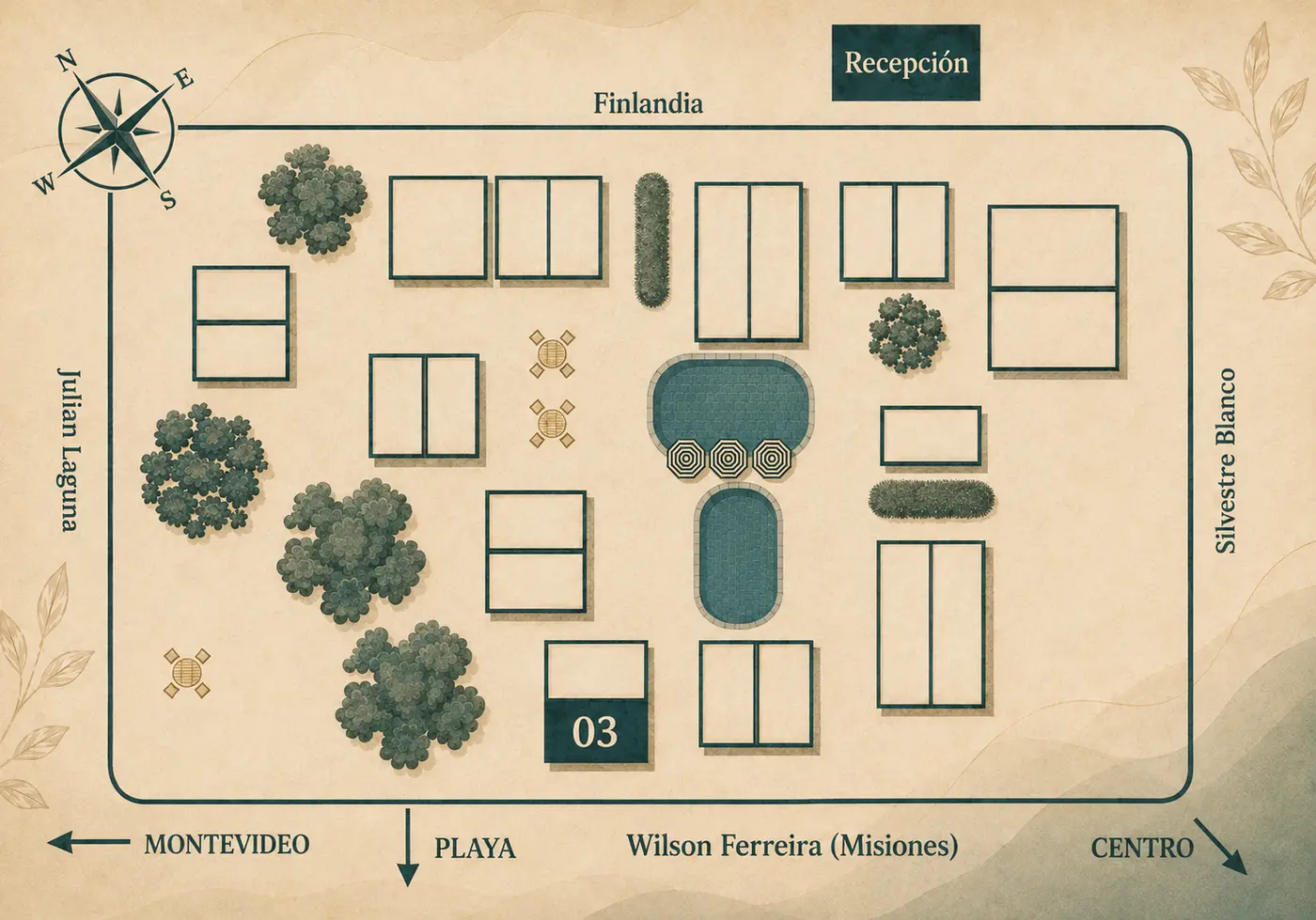 Mapa del Complejo Cabañas Piriápolis con la Unidad 03 destacada