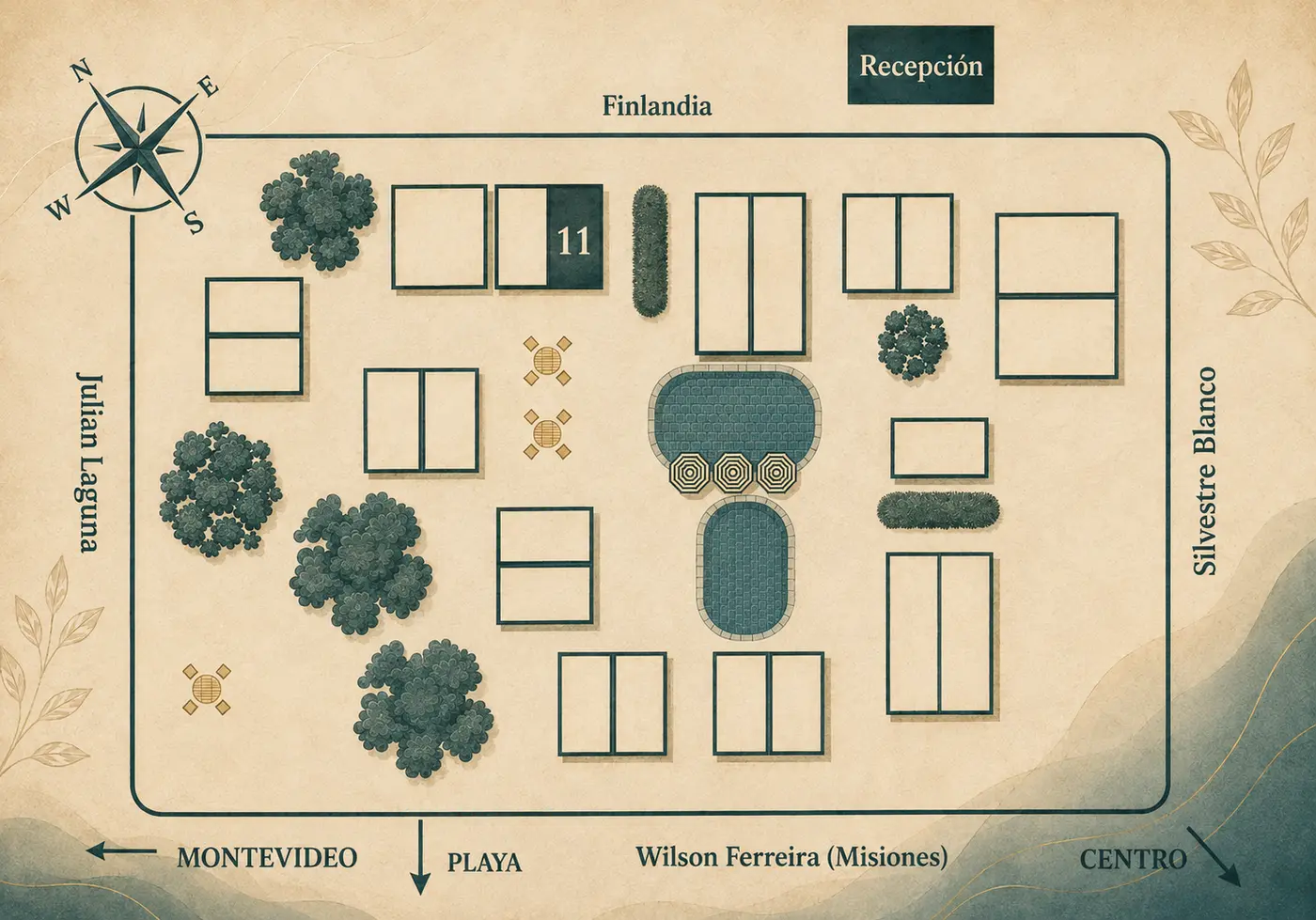 Mapa del Complejo Cabañas Piriápolis con la Unidad 11 destacada