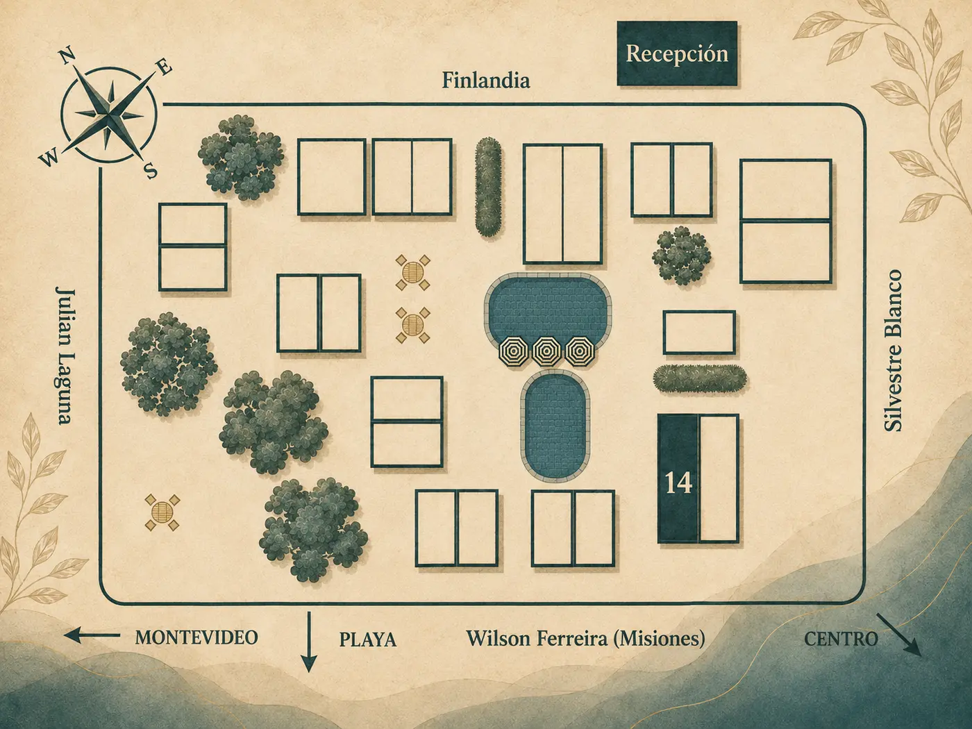 Mapa del Complejo Cabañas Piriápolis con la Unidad 14 destacada