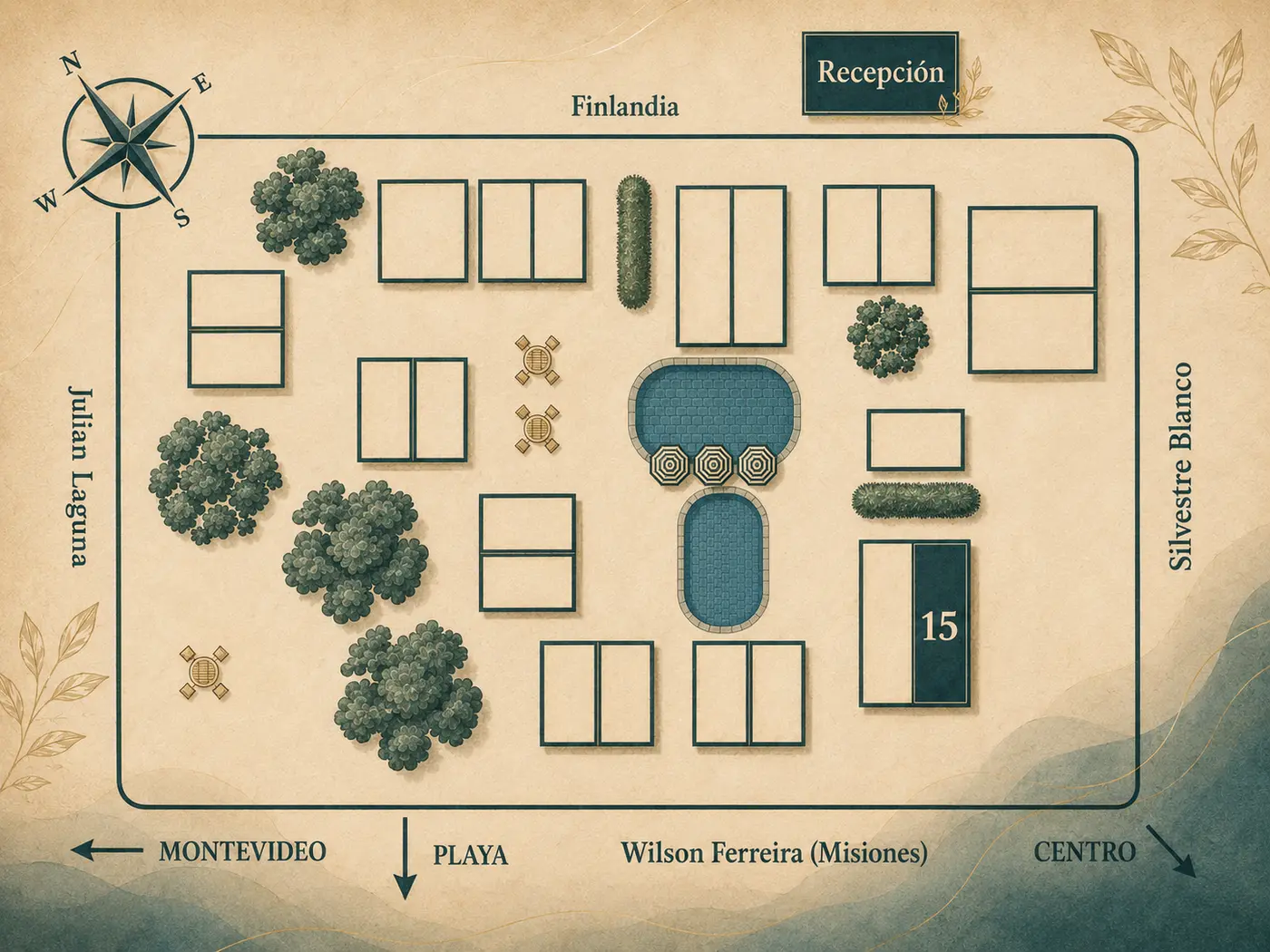 Mapa del Complejo Cabañas Piriápolis con la Unidad 15 destacada