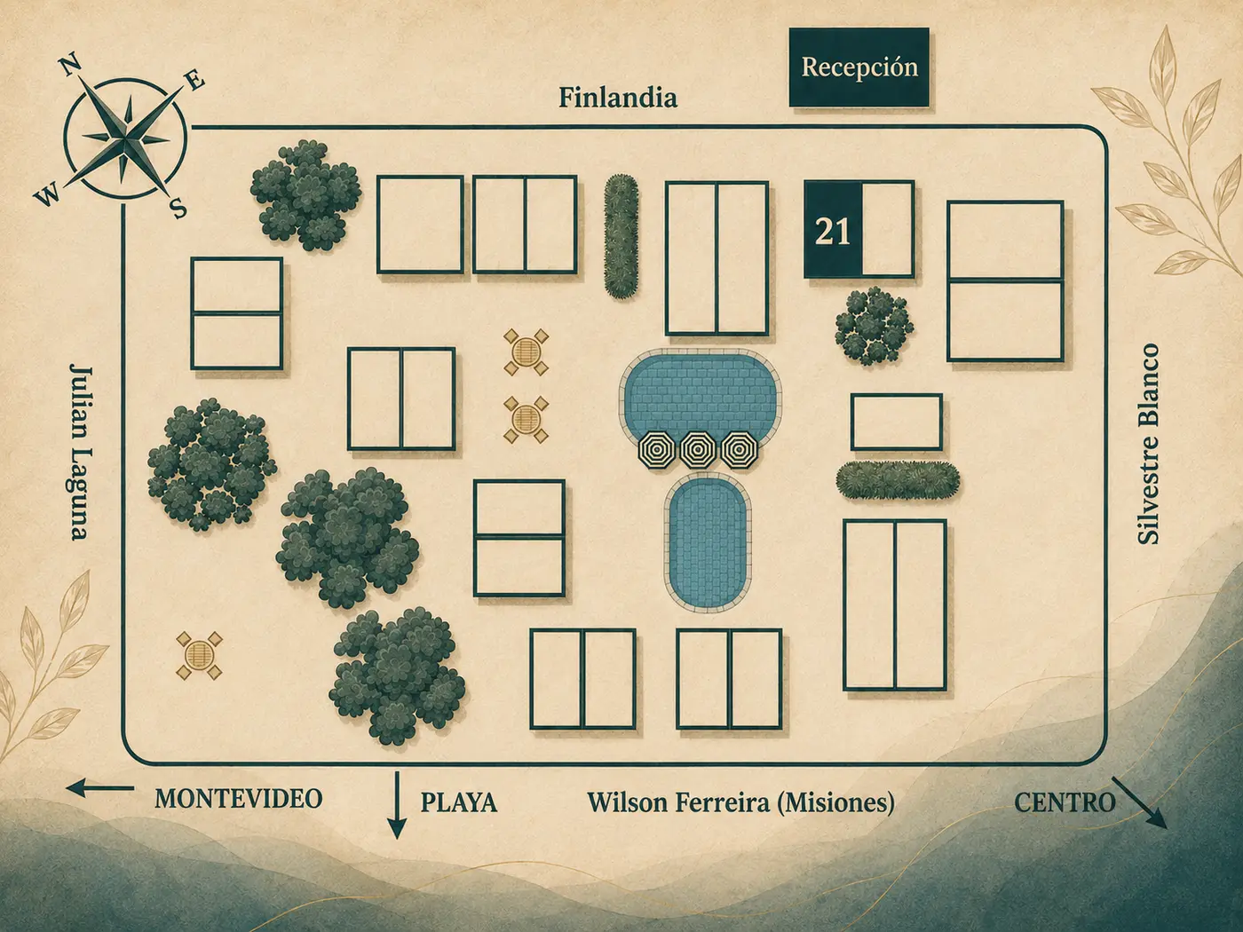Mapa del Complejo Cabañas Piriápolis con la Unidad 21 destacada